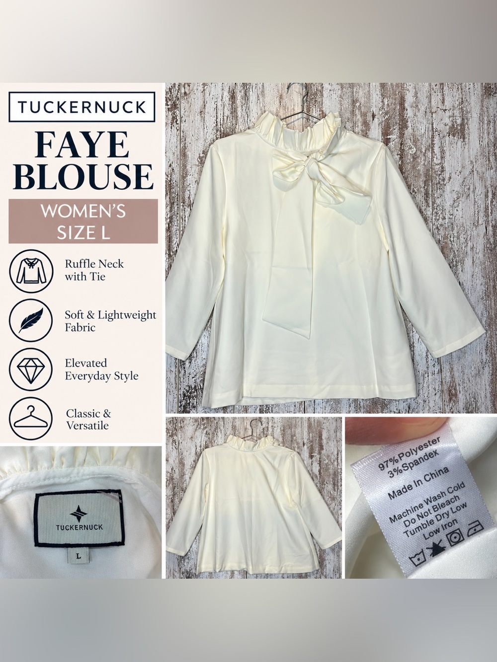 Tuckernuck White Faye Blouse Women’s Size L Ruffle Neck Bow Tie Back